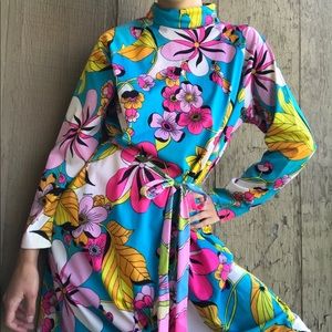 Vtg Designer Eduardo Disco Floral Neon Party Dress
